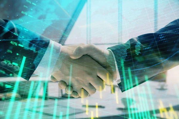 Multi exposure of financial chart and map on office background with two businessmen handshake. Concept of success in business — Stock Photo, Image