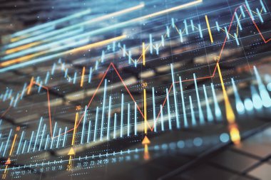 Soyut arka plan ile finansal grafik hologram. Çift pozlama. Piyasa Analizi konsepti