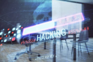 Minimalist kabine iç arka plan ile siber korsanlık hologram. Çift pozlama. Hacking kavramı.