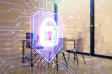 minimalist dolap iç arka plan ile kilit işareti hologram. Çifte pozlama. Veri güvenliği kavramı.