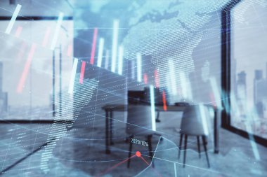 Harita ve minimalist kabine iç arka plan ile Forex grafik hologram. Çifte pozlama. Uluslararası iş kavramı.