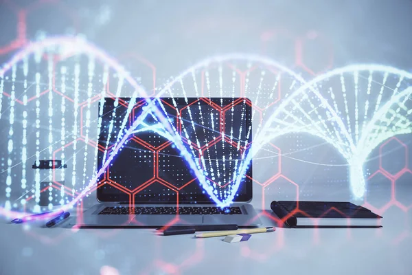 Holograma de ADN con fondo de oficina de escritorio. Doble exposición. Concepto de educación —  Fotos de Stock