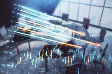 Konferans odası arka planda Forex çizelgesine çift pozlama. Hisse senedi piyasası analizi konsepti