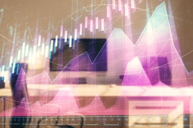 Hisse senedi piyasası grafik ve masaüstü ofis bilgisayar arka plan. Çok pozlama. Finansal analiz konsepti.