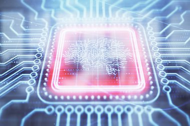 Arka planda ofis iç ile insan beyni çizim. Çift pozlama. Yenilik konsepti.