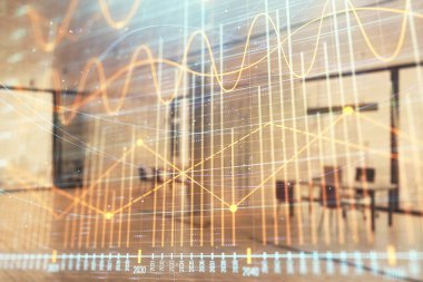 Arka planda ticaret masası banka Ofisi İç ile stok ve tahvil piyasa grafiği. Çok pozlama. Finansal analiz konsepti