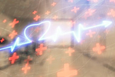 Arka planda ofis iç ile Kalp çizim. Çifte pozlama. Tıp eğitimi kavramı