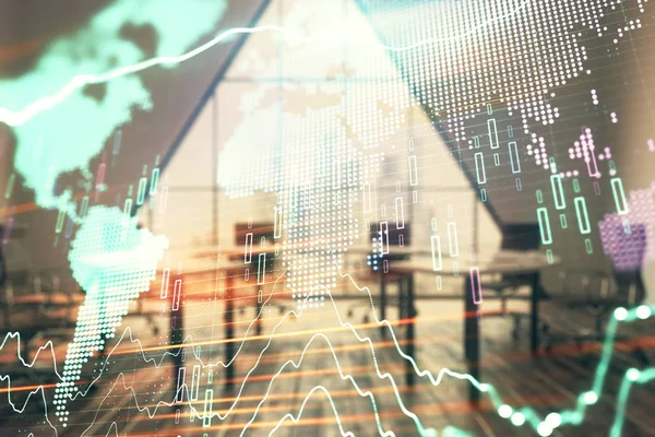 Konferans odası arka planda dünya hologram ile hisse senedi piyasası grafik çift pozlama. Uluslararası Finans konsepti