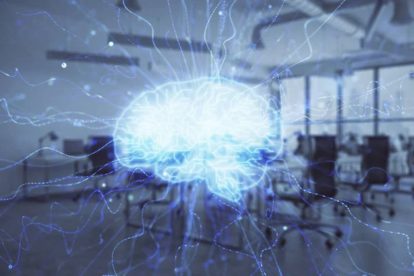 Ludzki mózg rysunek z wnętrza biura na tle. Podwójna ekspozycja. Koncepcja innowacji. — Zdjęcie stockowe