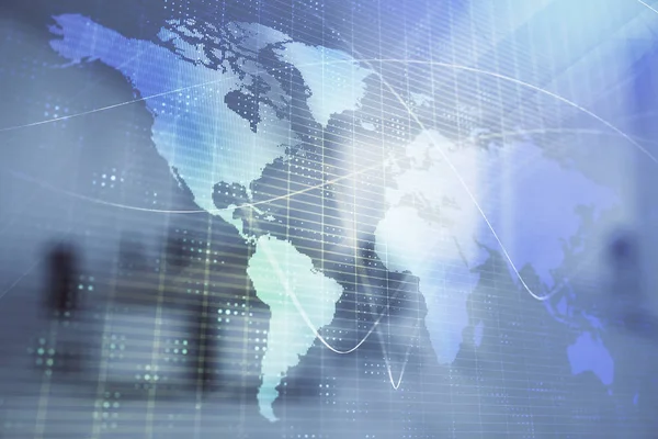 World map with trading desk bank office interior on background. Multi exposure. Concept of international finance