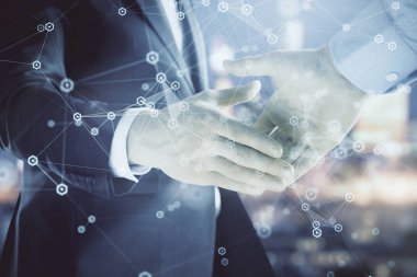 İki işadamı el sıkışması ile Cityscape arka planda çizim soyut teknoloji çift pozlama. İş içinde teknoloji rolü kavramı