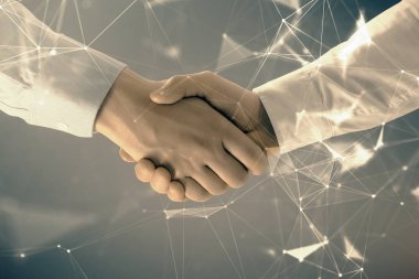 İki erkek el sıkışma ile soyut arka plan üzerinde teknoloji çizim çift pozlama. Modern iş dünyasında teknoloji kavramı