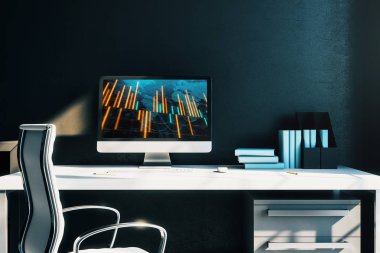 Bilgisayar ekranında Finans çizelgeleri ve dünya haritası ile kabine masaüstü iç. Uluslararası piyasa analizi ve ticaret kavramı. 3B işleme.