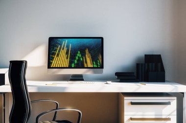 Bilgisayar ekranında finansal grafikler ve grafikler ile kabine masaüstü iç. Hisse senedi piyasası analizi ve ticaret kavramı. 3B işleme.