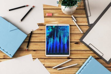 Dijital tablet çekim üst görünümü ile mali grafik ve kısmi Dünya Haritası ekranda. Online uluslararası ticaret uygulama kavramı. 3B işleme.