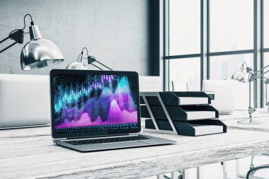 Bilgisayar ekranında finansal grafikler ve grafikler ile kabine masaüstü iç. Hisse senedi piyasası analizi ve ticaret kavramı. 3B işleme.