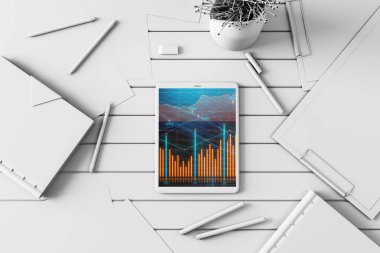 Dijital tablet ekranda mali grafik ile üst görünüm çekim. Online işlem uygulama konsepti. 3B işleme.
