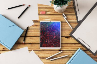 Ekran üzerinde teknoloji pic ile dijital tablet çekim üst görünümü. Online teknoloji konsepti. 3B işleme.
