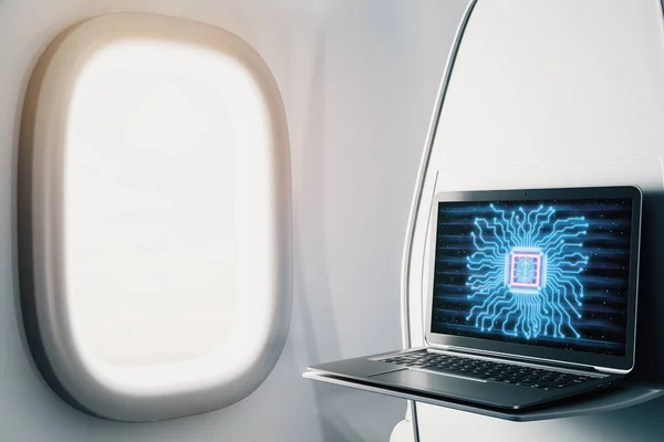 Ноутбук крупным планом внутри самолета с рисунком мозга на экране. Анализ данных и концепция ai. 3d-рендеринг . — стоковое фото