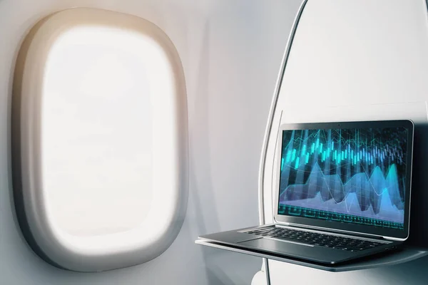 Ноутбук крупным планом внутри самолета с форекс график на экране. Концепция торговли на финансовом рынке. 3d-рендеринг . — стоковое фото