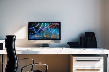 Bilgisayar ekranında finansal grafikler ve grafikler ile kabine masaüstü iç. Hisse senedi piyasası analizi ve ticaret kavramı. 3B işleme.