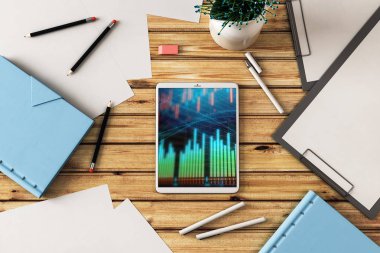 Dijital tablet ekranda mali grafik ile üst görünüm çekim. Online işlem uygulama konsepti. 3B işleme.