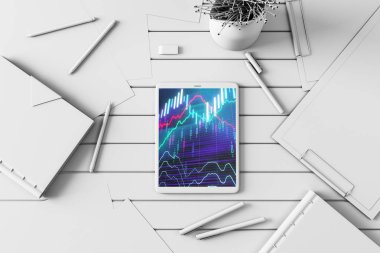 Dijital tablet ekranda mali grafik ile üst görünüm çekim. Online işlem uygulama konsepti. 3B işleme.