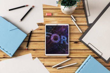 Dijital tablet ekranda mali grafik ile üst görünüm çekim. Online işlem uygulama konsepti. 3B işleme.