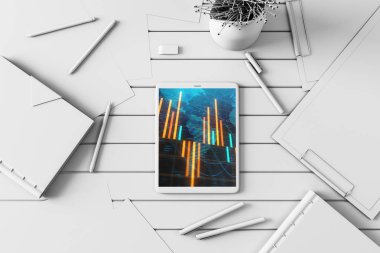 Dijital tablet çekim üst görünümü ile mali grafik ve kısmi Dünya Haritası ekranda. Online uluslararası ticaret uygulama kavramı. 3B işleme.