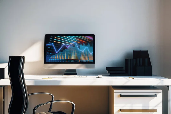 Schrank Desktop-Interieur mit Finanzdiagrammen und Grafiken auf dem Computerbildschirm. Konzept der Börsenanalyse und des Handels. 3D-Darstellung. — Stockfoto