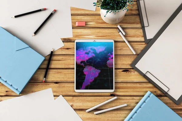 Ekranda dünya haritası ile dijital tablet çekim üst görünümü. Online uluslararası ticaret kavramı. 3B işleme.