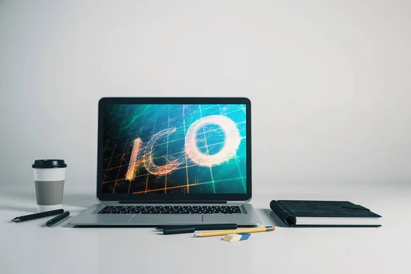 Laptop closeup with bitcoin theme drawing on computer screen. Blockchain concept. 3d rendering.