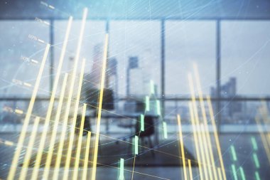 Minimalist kabine iç arka plan ile iş teması grafik hologram. Çift pozlama. Hisse senedi piyasası konsepti.