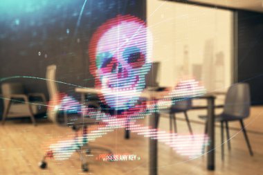 Minimalist kabine iç arka plan ile siber korsanlık hologram. Çift pozlama. Hacking kavramı.