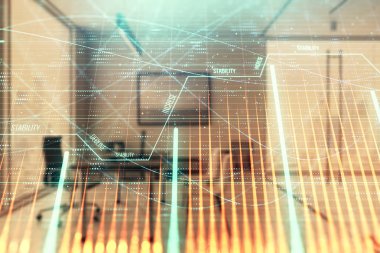 Minimalist kabine iç arka plan ile iş teması grafik hologram. Çift pozlama. Hisse senedi piyasası konsepti.