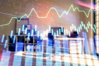 Minimalist kabine iç arka plan ile Forex grafik hologram. Çift pozlama. Hisse senedi piyasası konsepti.