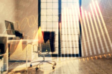 Minimalist kabine iç arka plan ile Forex grafik hologram. Çift pozlama. Hisse senedi piyasası konsepti.