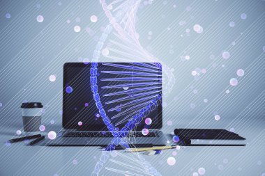 Masaüstü ofis arka plan ile DNA hologramı. Çifte pozlama. Eğitim kavramı