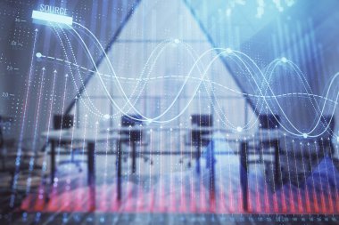 Konferans odası arka planda Forex çizelgesine çift pozlama. Hisse senedi piyasası analizi konsepti