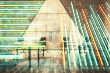 Konferans odası arka planda Forex çizelgesine çift pozlama. Hisse senedi piyasası analizi konsepti