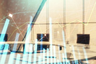 Konferans odası arka planda Forex çizelgesine çift pozlama. Hisse senedi piyasası analizi konsepti