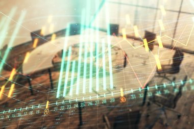 Konferans odası arka planda Forex çizelgesine çift pozlama. Hisse senedi piyasası analizi konsepti