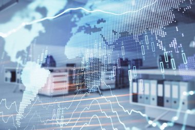 Stok ve tahvil piyasa grafik ve arka planda ticaret masası banka Ofisi İç ile dünya haritası. Çok pozlama. Uluslararası Finans konsepti