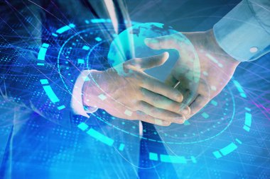 İki işadamı el sıkışması ile soyut arka plan üzerinde Dünya Haritası Multi pozlama. Uluslararası iş konsepti