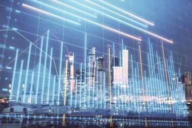 Moskova şehir merkezi arka planda mali grafik çift pozlama. Hisse senedi piyasası analizi konsepti