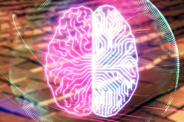 Brain drawing hologram with abstract background. Multi exposure. Data technology concept. — Stock Photo, Image