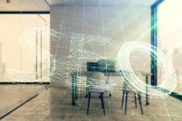 Seo signo holograma con el fondo interior del gabinete minimalista. Doble exposición. Concepto de motor de búsqueda . — Foto de Stock