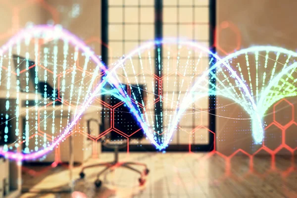 Holograma de DNA com fundo interior do gabinete minimalista. Dupla exposição. Conceito de educação . — Fotografia de Stock