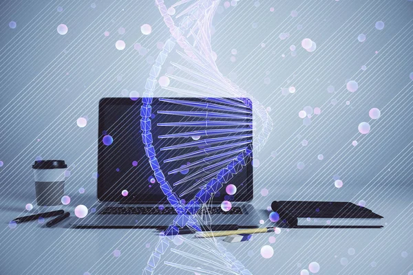 DNA hologram met Desktop Office achtergrond. Dubbele belichting. Begrip onderwijs — Stockfoto