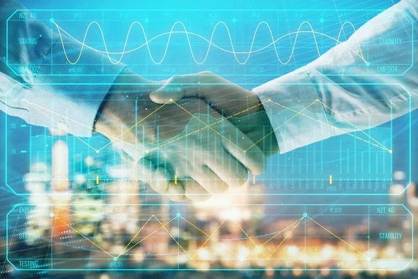 Double exposure of financial chart on cityscape background with two businessmen handshake. Concept of financial analysis and investment opportunities